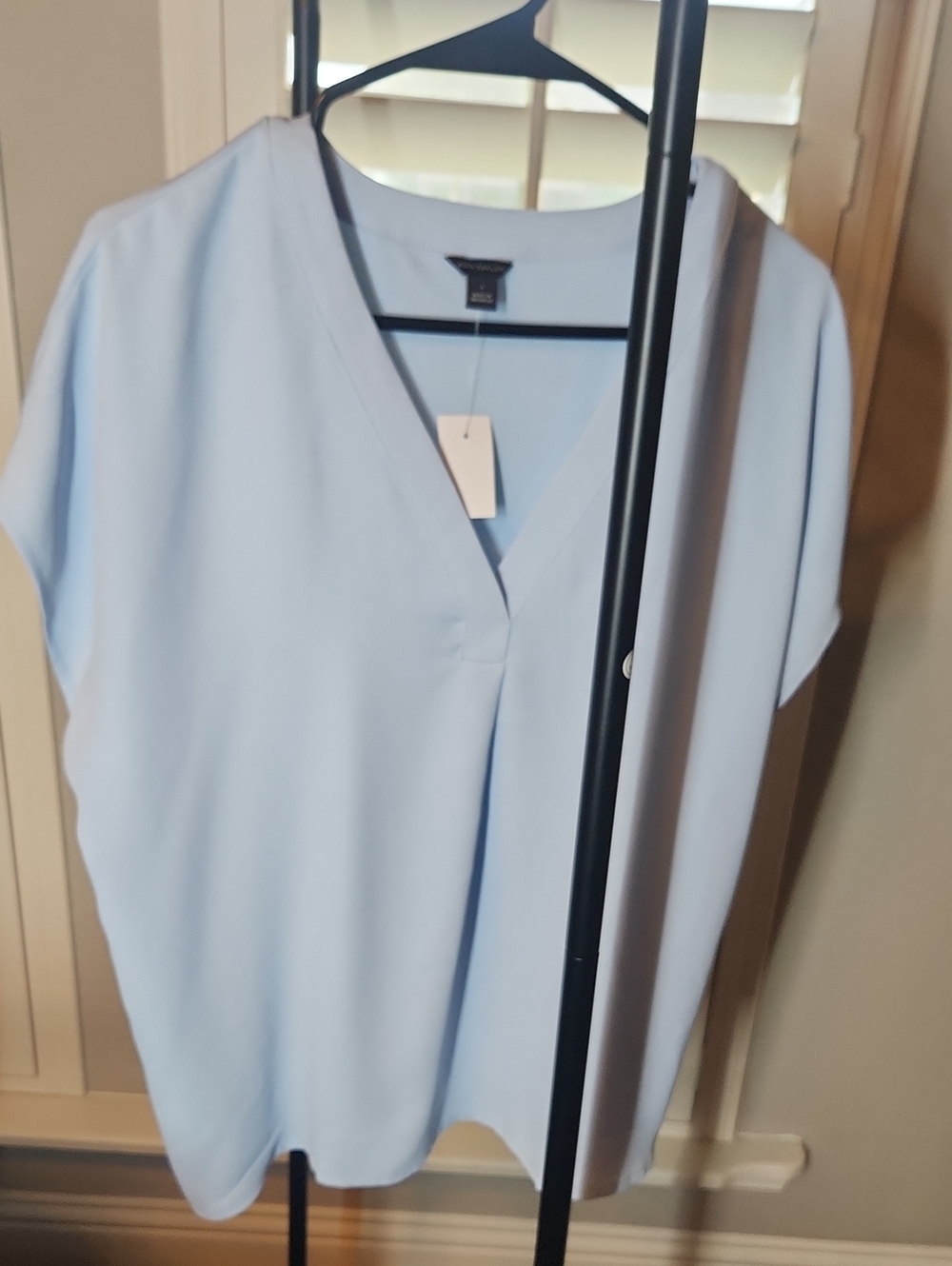 Ann Taylor Pale Blue V-Neck Mixed Media Blouse